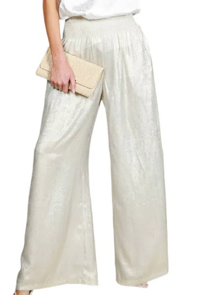 Vine & Love Elastic Smocked Waist Band Pants In Champagne In White