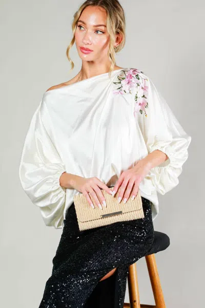 Vine & Love Elegant Embroidered Boat Neck Blouse In Champagne In White