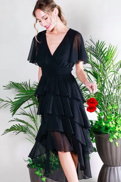 Vine & Love Elegant Ruffled Chiffon Midi Dress In Black