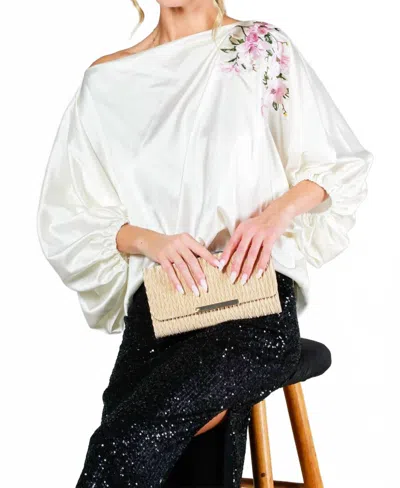 Vine & Love Floral Embroidered Satin Blouse In Champagne In White