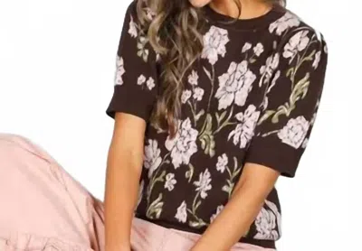 Vine & Love Floral Jacquard Crew Neck Cozy Soft Knitted Sweater In Brown