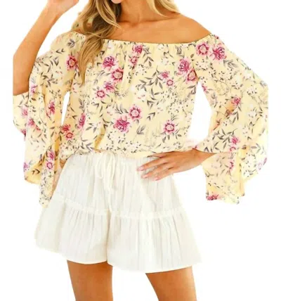 Vine & Love Floral Off Shoulder Top With Bell Sleeves In Yellow