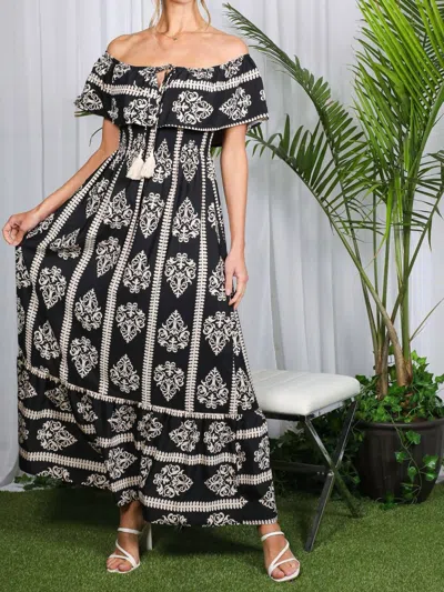 Vine & Love Geo Printed Off The Shoulder Tassel Trim Dress In Black/cream