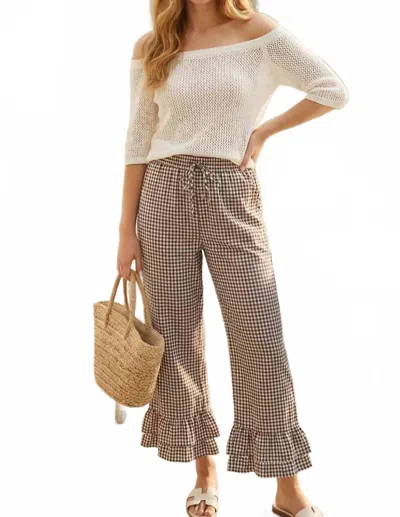 Vine & Love Gingham Casual Ruffled Hem Cropped Pants In Brown In Neutral