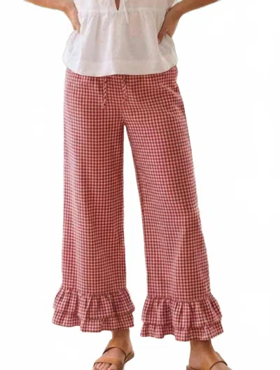 Vine & Love Gingham Casual Ruffled Hem Cropped Pants In Red In Pink