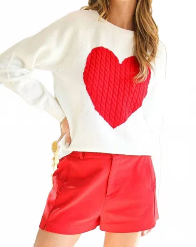 Vine & Love Heart Design Cable Detail Knitted Sweater In White/red In Multi