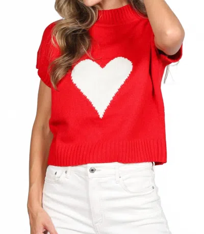 Vine & Love Heart Embellished Mock Neck Knitted Sweater In Red