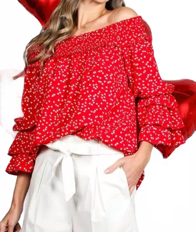 Vine & Love Heart Printed Off The Shoulder Top In Red