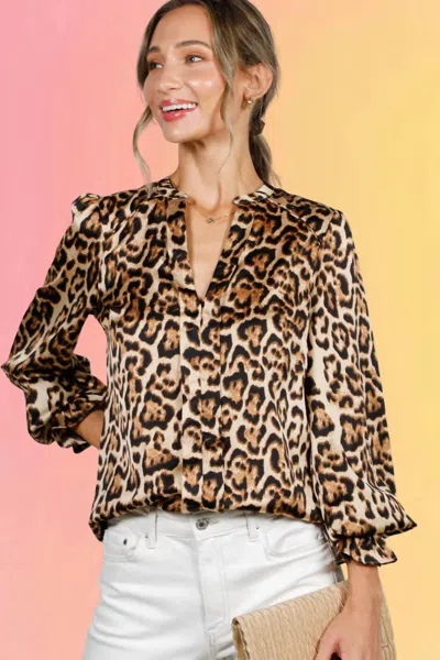 Vine & Love Henley Leopard Print Blouse In Brown