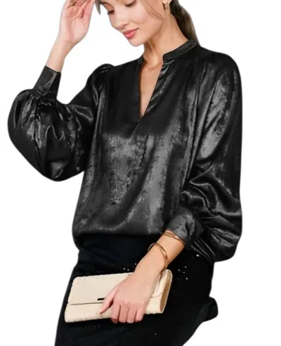 Vine & Love Long Balloon Sleeve Metallic Woven Blouse In Black