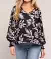 Vine & Love Long Ruffle Sleeves V Neck Floral Blouse Top In Black In Black