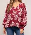 Vine & Love Long Ruffle Sleeves V Neck Floral Blouse Top In Burgundy In White