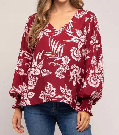 Vine & Love Long Ruffle Sleeves V Neck Floral Blouse Top In Burgundy In White