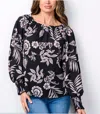 Vine & Love Long Sleeve Smock Tunic Floral Blouse Top In Black In Black