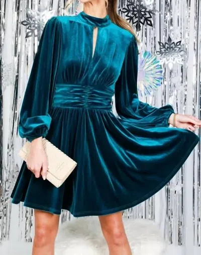 Vine & Love Mock Neck Velvet Dress In Teal In Blue