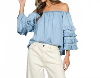 Vine & Love Off-the-shoulder Ruffle Sleeve Top In Light Denim In Blue