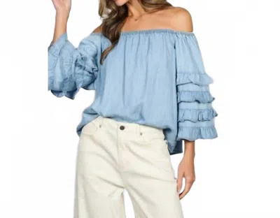 Vine & Love Off The Shoulder Ruffle Sleeve Top In Light Denim In Blue