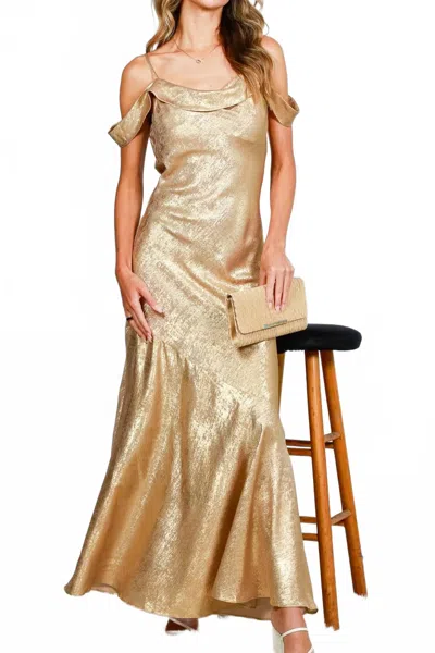 Vine & Love Off The Shoulder Strap Metallic Maxi Dress In Champagne In Gold
