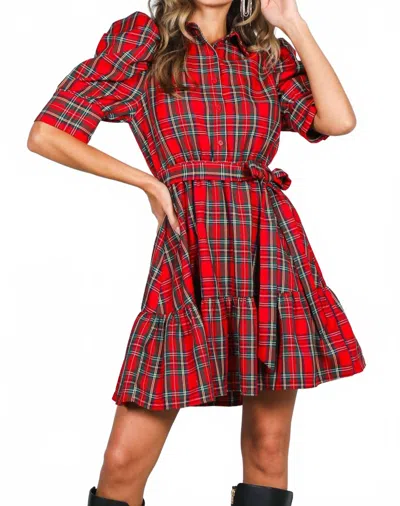 Vine & Love Plaid Short Puff Sleeve Mini Dress In Red