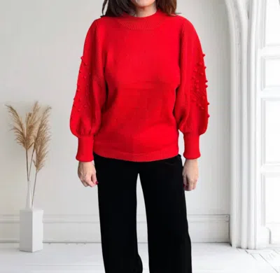 Vine & Love Pom Pom Balloon Sleeve Sweater In Red