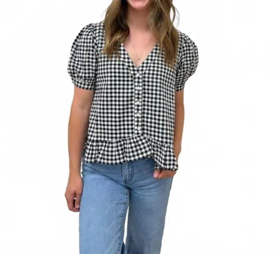 Vine & Love Puff Short Sleeve V-neck Gingham Blouse In Black