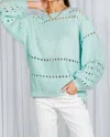 Vine & Love Round Neck Balloon Sleeve Open-knit Crochet Sweater In Blue