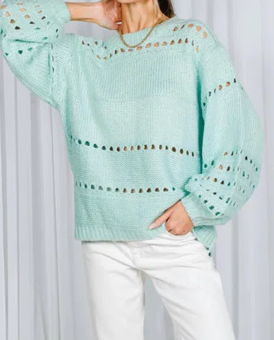 Vine & Love Round Neck Balloon Sleeve Open-knit Crochet Sweater In Blue