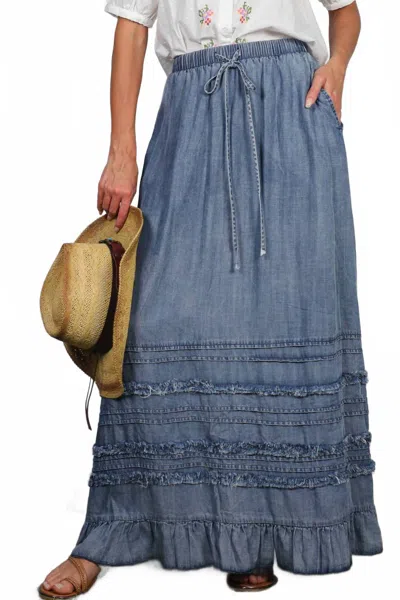 Vine & Love Ruffle Frayed Hem Maxi Skirt In Washed Denim In Blue