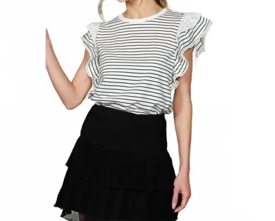Vine & Love Ruffle Sleeve Trim Striped Top In Black White Stripe In Multi