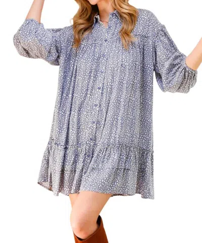 Vine & Love Savannah Bubble Sleeves Ruffled Shirt Dress In Blue In Multi