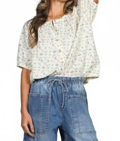Vine & Love Saylor Floral Print Round Neck Blouse In Cream/blue In Multi