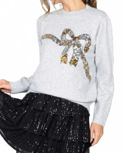 Vine & Love Sequin Bow Cozy Knit Sweater In Grey In White