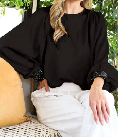 Vine & Love Sequin Cuff Satin Blouse In Black