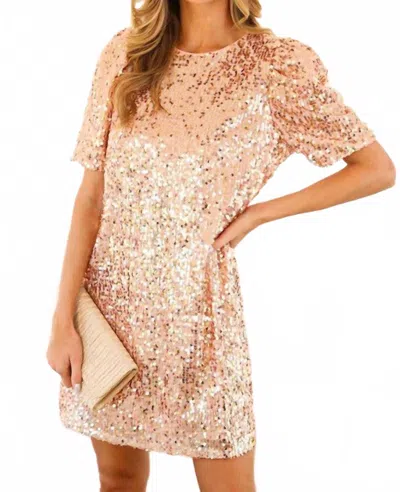 Vine & Love Sequin Short Sleeve Shift Dress In Rose Gold In Pink