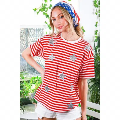 Vine & Love Sequin Star Stripe Top In Red