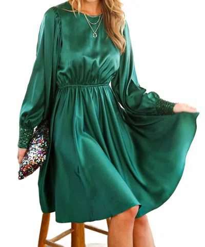 Vine & Love Sequin Swing Satin Dress In Green