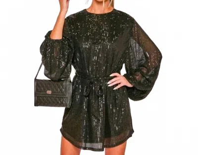 Vine & Love Shimmer Balloon Sleeve Belted Mini Dress In Black