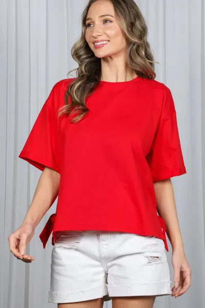 Vine & Love Side Slit Bow Cotton Knit Top In Red