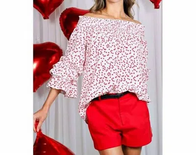Vine & Love Smocked Off-shoulder Ruffle Sleeve Blouse In White Heart Print In Pink