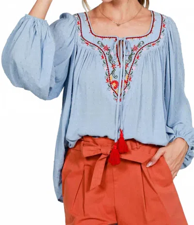 Vine & Love Square Tie Neck With Tassel Embroidered Bohemian Top In Blue, Red, Yellow, Green