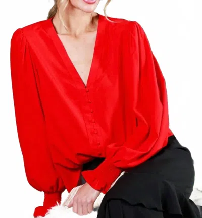Vine & Love Starla Button Detail Long Sleeve Blouse In Red
