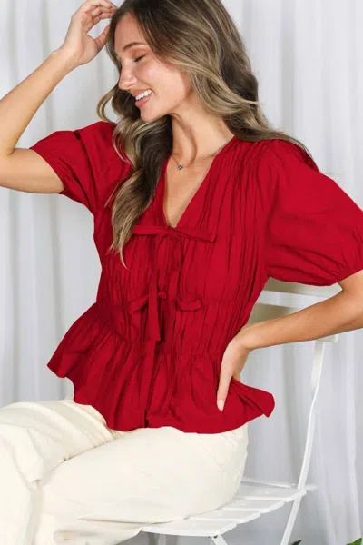 Vine & Love Subtle Elasticized Detailing Blouse With Front Tie In Burgundy In Red