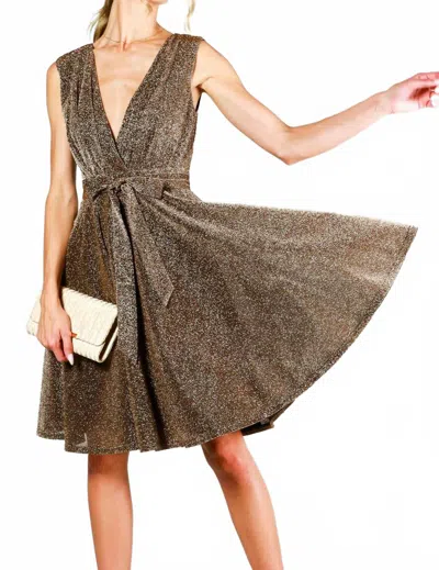 Vine & Love Surplice V-neck Sleeveless Tie Waist Dress In Bronze In Brown