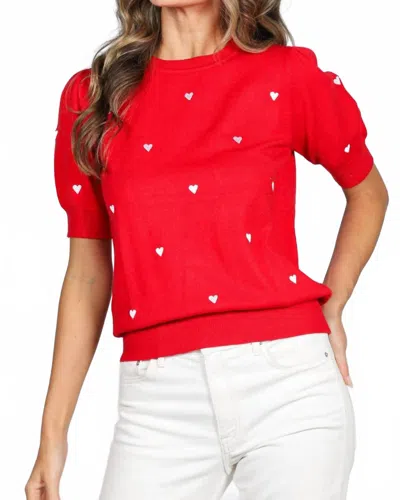 Vine & Love Sweetheart Embroidery Short Sleeve Knitted Top In Red
