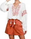 Vine & Love Tie Neck Tassel Trim Embroidered Bohemian Blouse In Cream/rust In White