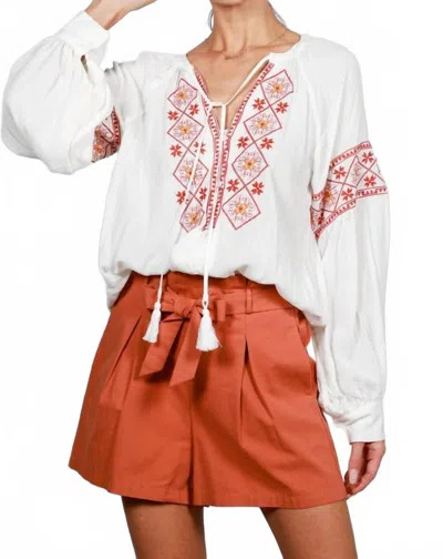 Vine & Love Tie Neck Tassel Trim Embroidered Bohemian Blouse In Cream/rust In White