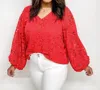 Vine & Love V-neck Balloon Sleeves Corded Lace Top In Red In Red