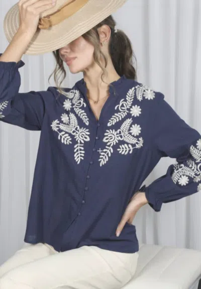 Vine & Love Vee Neck Embroidered Blouse In Blue