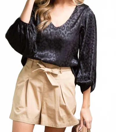 Vine & Love V-neck Jacquard Satin Blouse Top In Leopard In Black