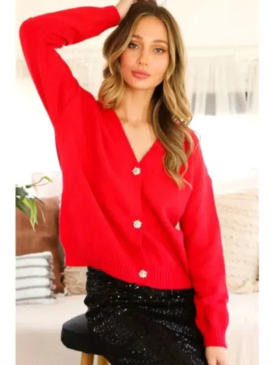 Vine & Love V-neck Jeweled Button Accent Cardigan In Red In Animal Print